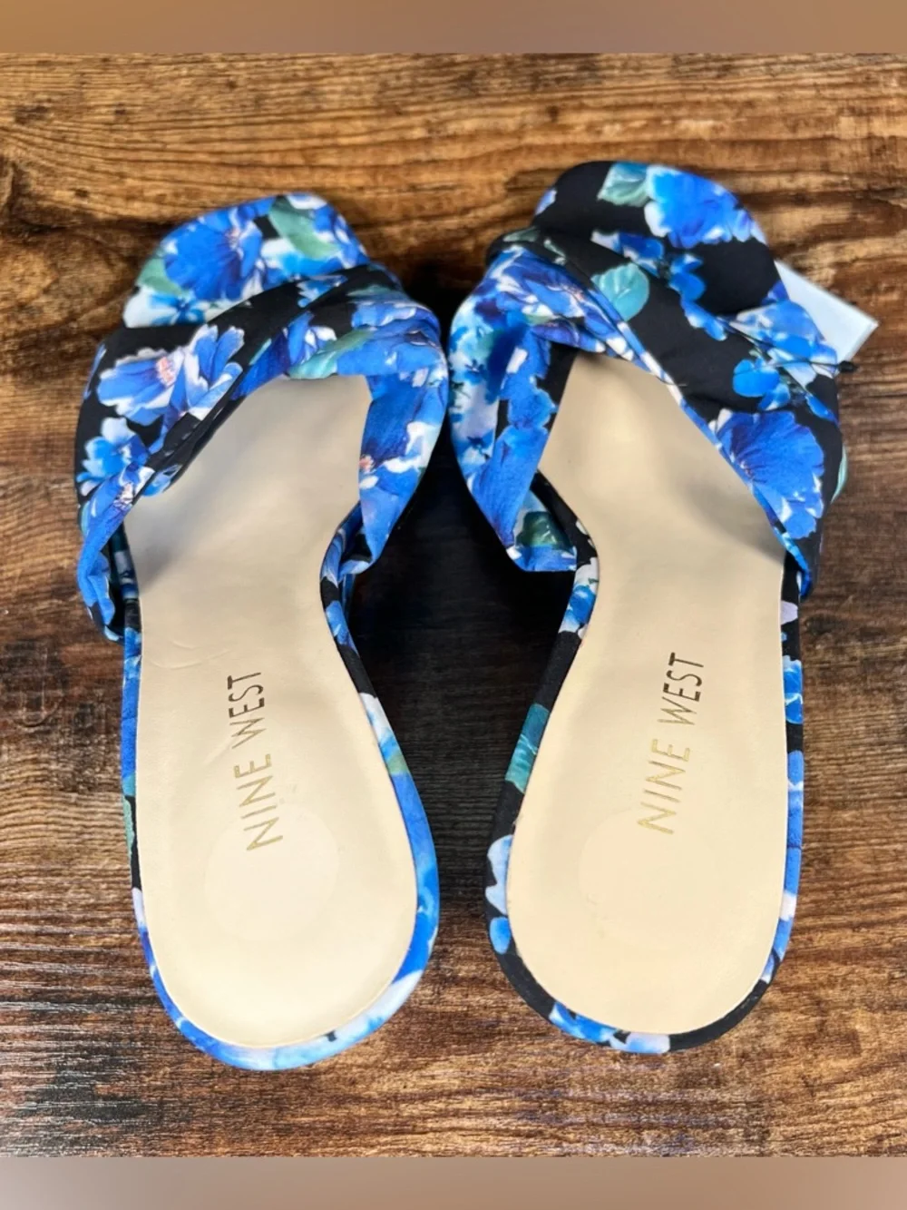 Nine West Sandals Blue Floral Wedge Heel Open‎ Toe Slip On Nudia2 Women's 7